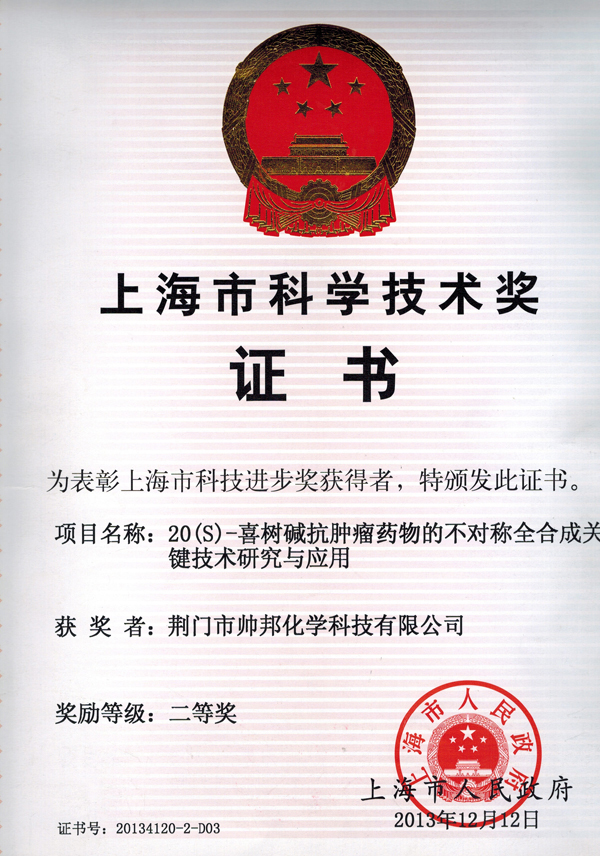 上海市科學技術獎證書